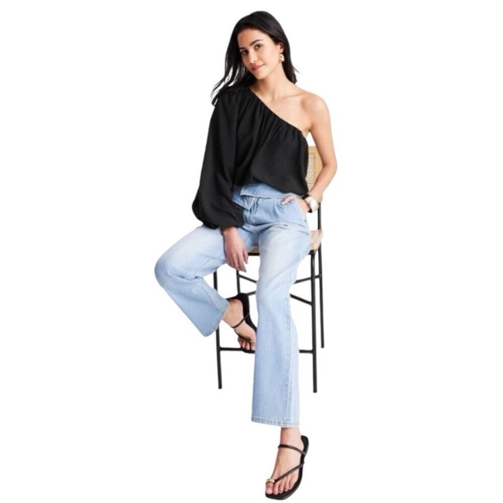 NEW Future Collective Balloon Sleeve Asymmetrical One Shoulder Top Black XXL - Picture 3 of 8